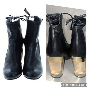 Stuart Weitzman Black Leather Ankle Boot Lucite Gold Block Heels Tie Back Size 9
